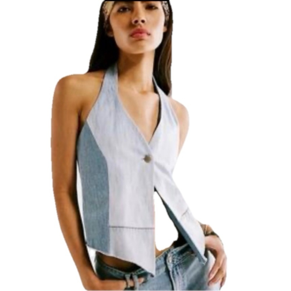 Free People Tricia Fix Split Denim Vest Halter Top Women’s Blue Size Medium